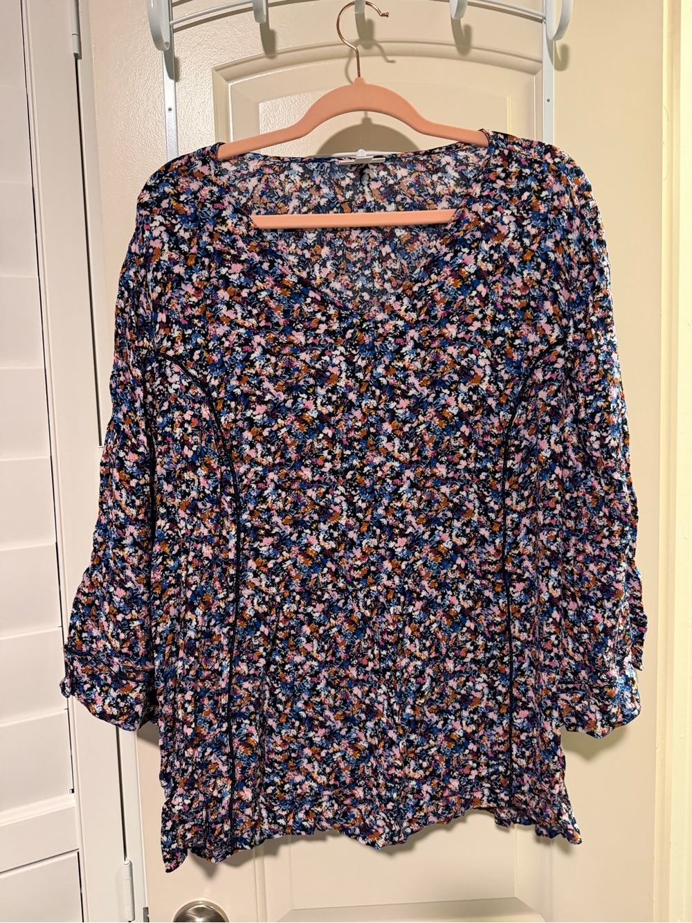 J. Jill Navy Multi Floral V-Neck Long Sleeve Blouse